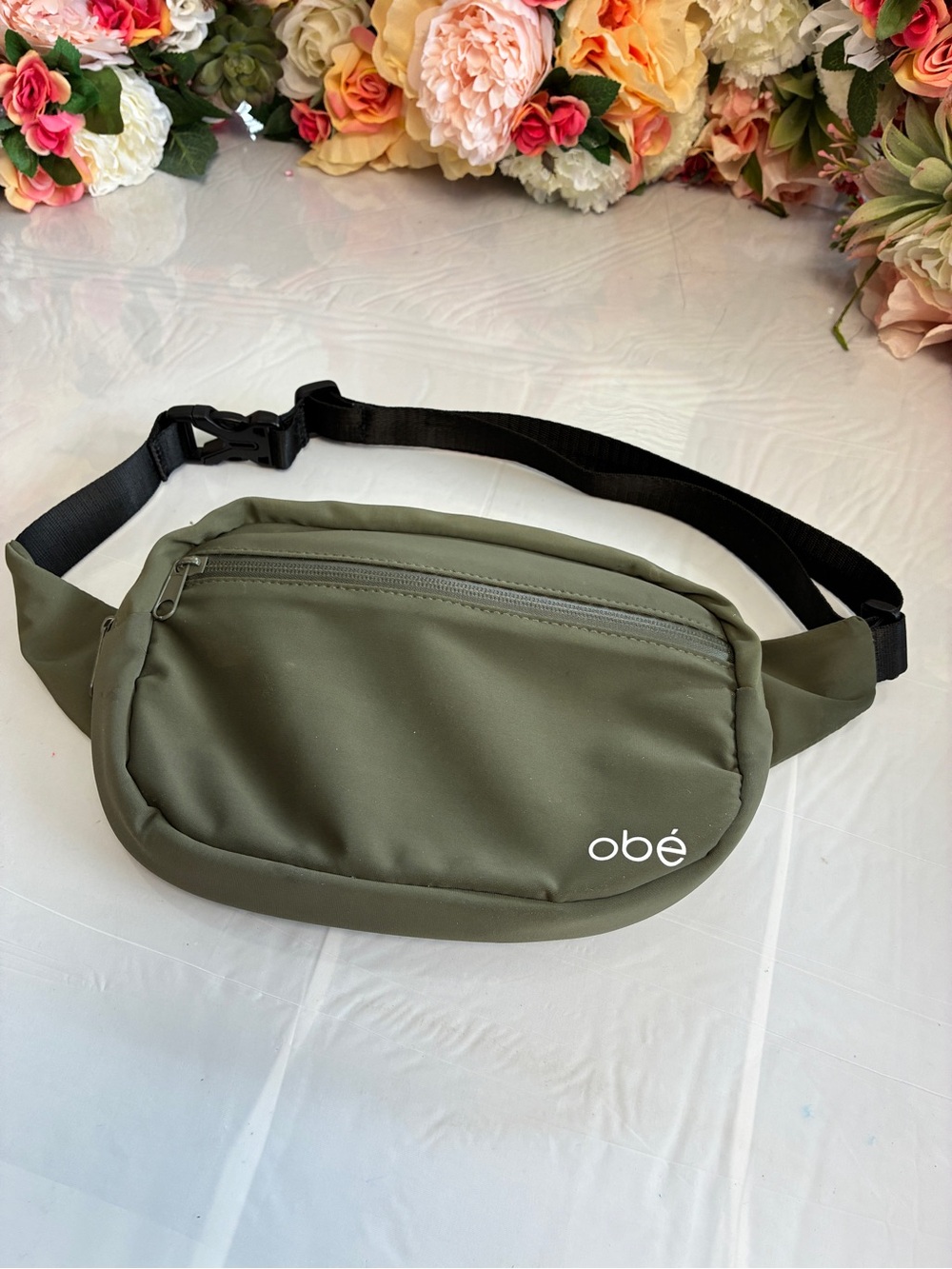 Obé x FabFitFun Nylon Spandex Waist Pack Belt Bag Olive Green Adjustable Strap